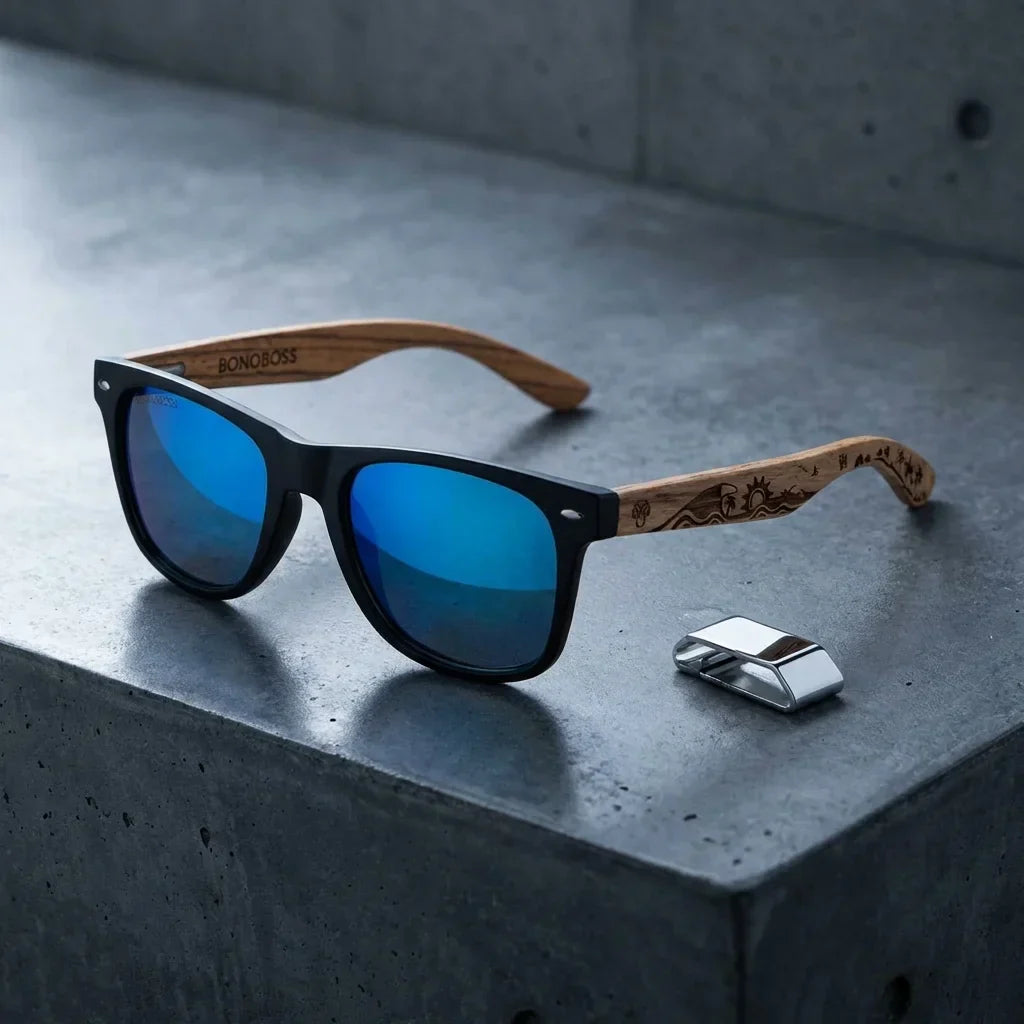 Lentes sol Acacia Designer's polarizados UV400 sobre concreto urbano textura industrial Bonoboss #color_surf-sky