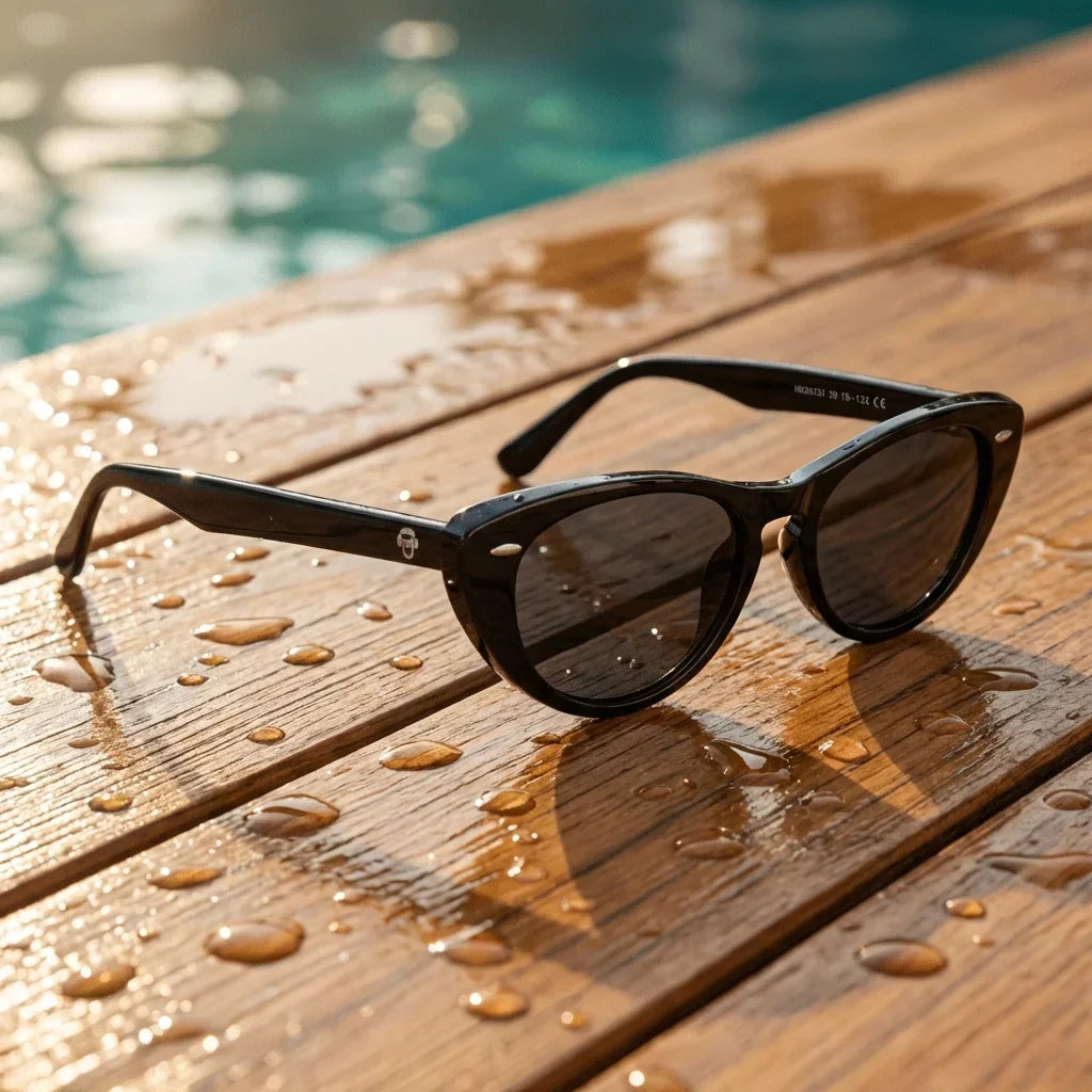 Lentes sol Havana polarizados UV400 sobre madera teca con agua fresca Bonoboss #color_negro
