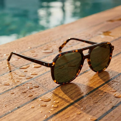 Lentes sol Orson E.D polarizados UV400 sobre madera teca con agua fresca Bonoboss #color_carey