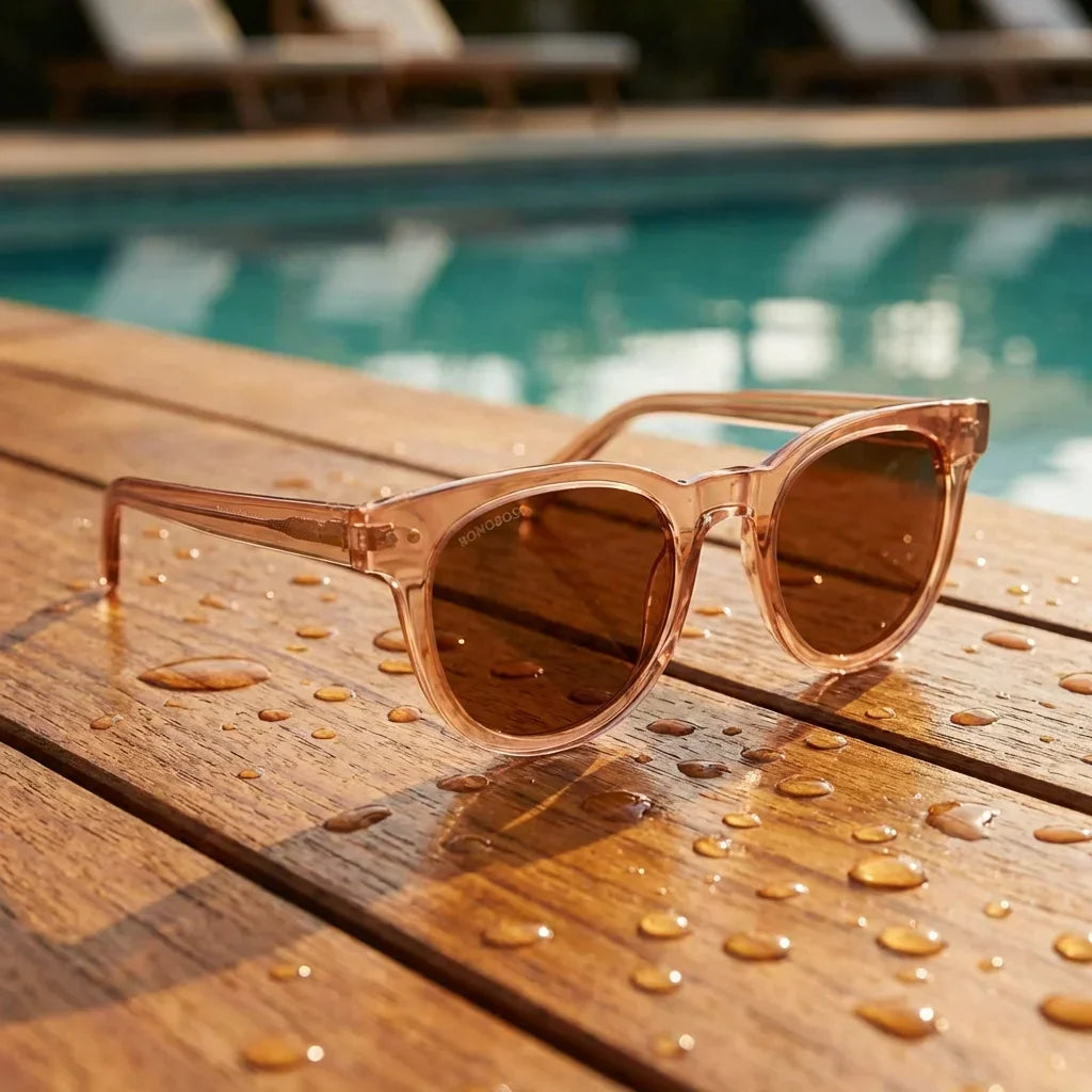 Lentes sol Meli polarizados UV400 bio-acetato lightsalmon sobre teca con agua fresca textura natural Bonoboss #editorial_grid1 #color_lightsalmon