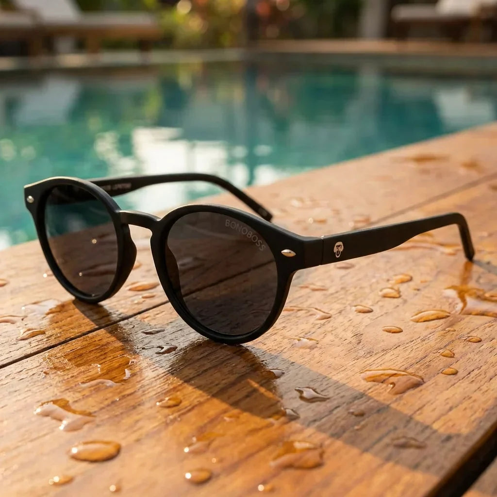 Lentes sol Joplin RPET polarizados UV400 sobre madera teca con agua fresca Bonoboss #color_negro