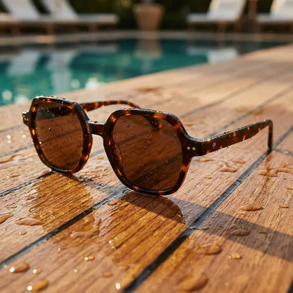 Lentes sol Canarias polarizados UV400 sobre madera teca con agua fresca Bonoboss #color_carey