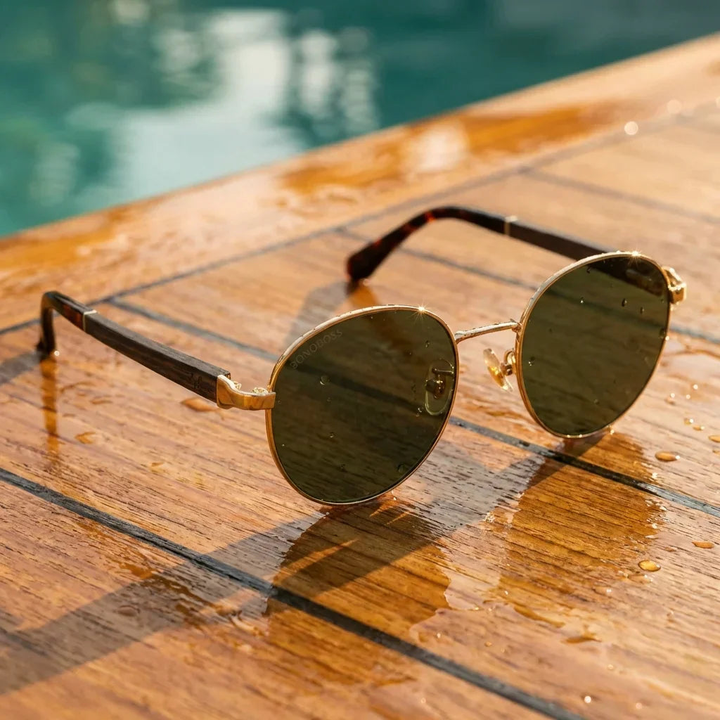 Lentes sol Harry Gold polarizados UV400 sobre madera teca con agua fresca Bonoboss #color_g15