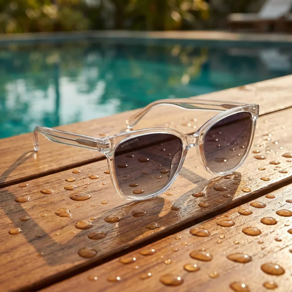 Lentes sol Tiare ❀ polarizados UV400 sobre madera teca con agua fresca Bonoboss #color_transparente