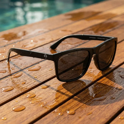 Lentes sol Rapanui RPET polarizados UV400 sobre madera teca con agua fresca Bonoboss #editorial_grid1 #color_dark