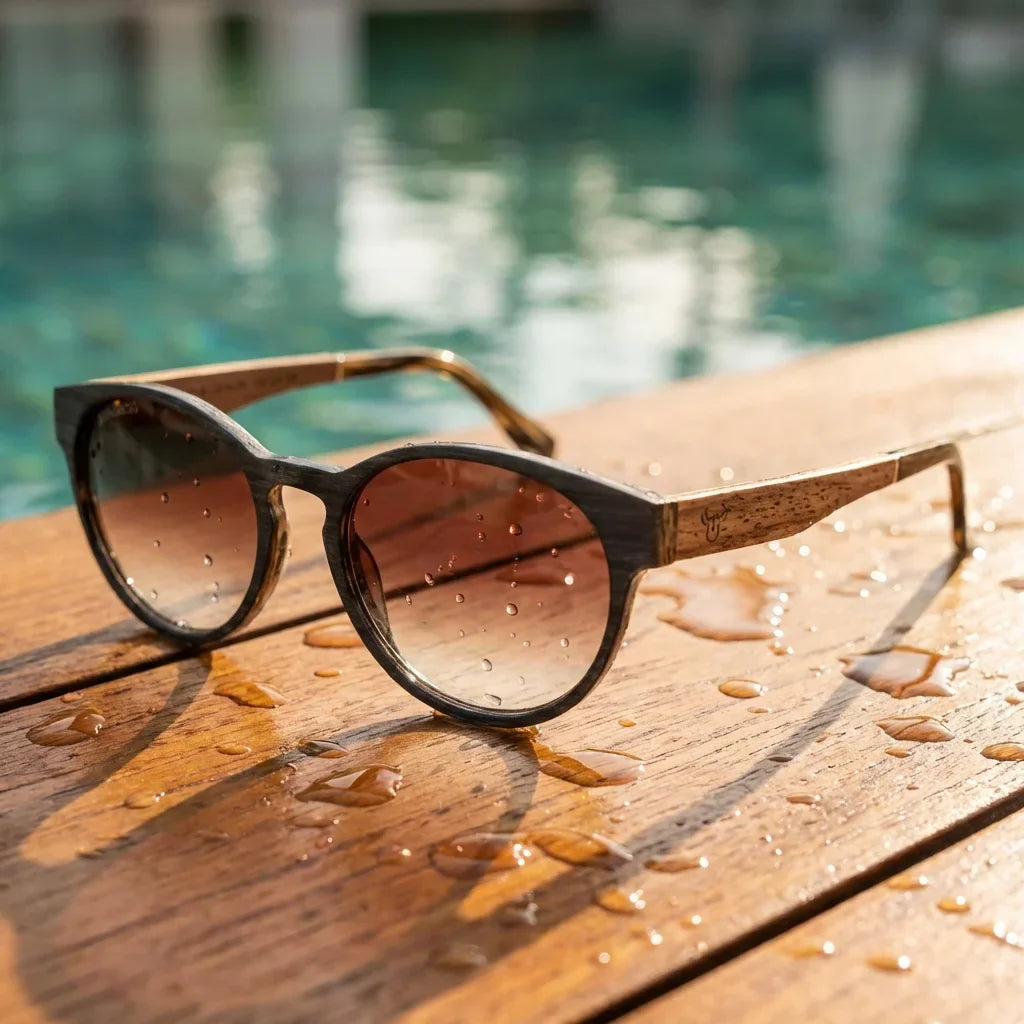 Lentes sol Chiloé 110 Wood polarizados UV400 sobre madera teca con agua fresca Bonoboss #color_brown