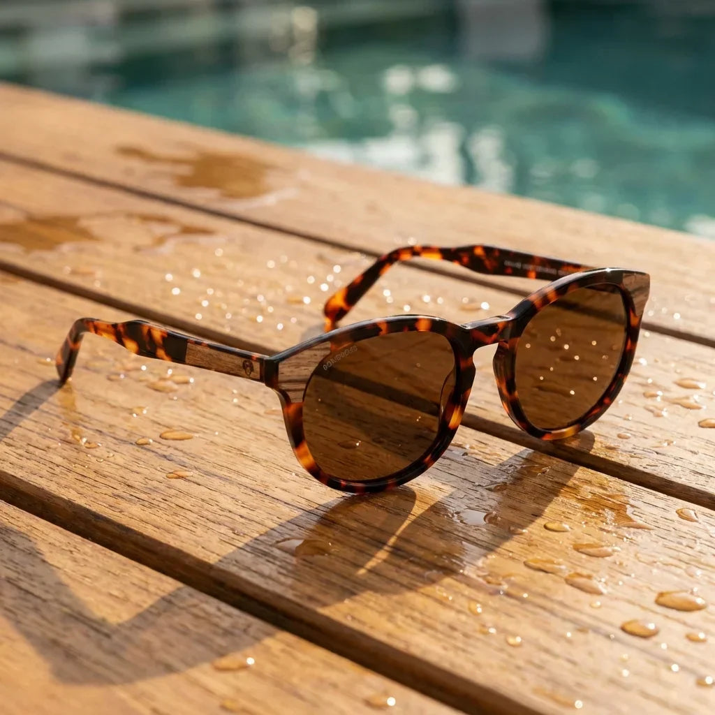 Lentes sol Chiloé 0084 polarizados UV400 sobre madera teca con agua fresca Bonoboss #editorial_grid1 #color_carey