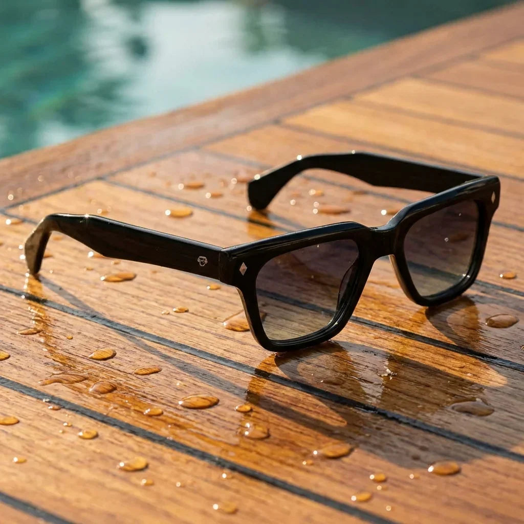 Lentes sol Bruno polarizados UV400 sobre madera teca con agua fresca Bonoboss #color_degrade