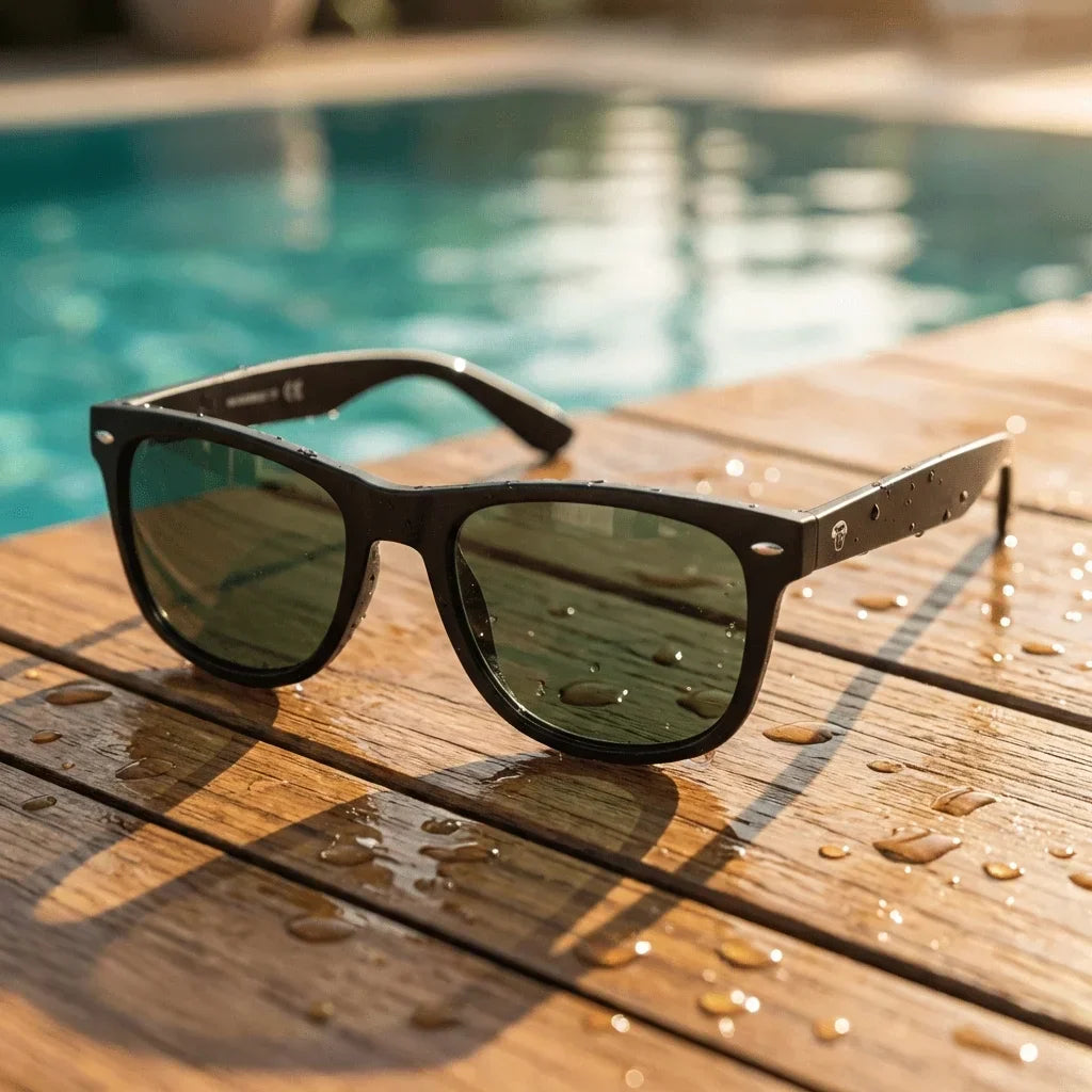 Lentes sol Acacia XL polarizados UV400 sobre madera teca con agua fresca Bonoboss #color_g15