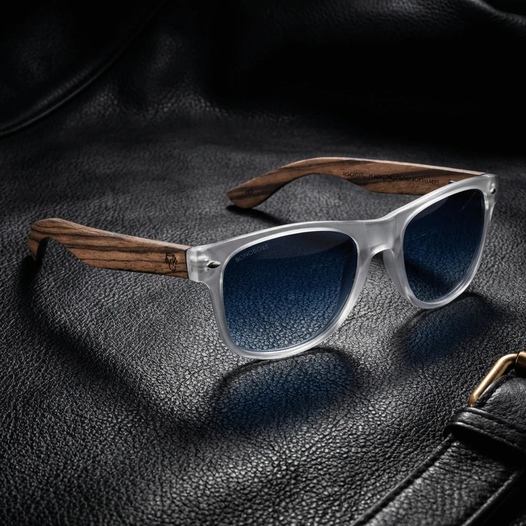 Lentes sol Acacia polarizados UV400 madera zebrano Transparente Gradiente Azul sobre cuero negro detalle brass premium Bonoboss #editorial_polarizado #color_transparente-gradiente-azul