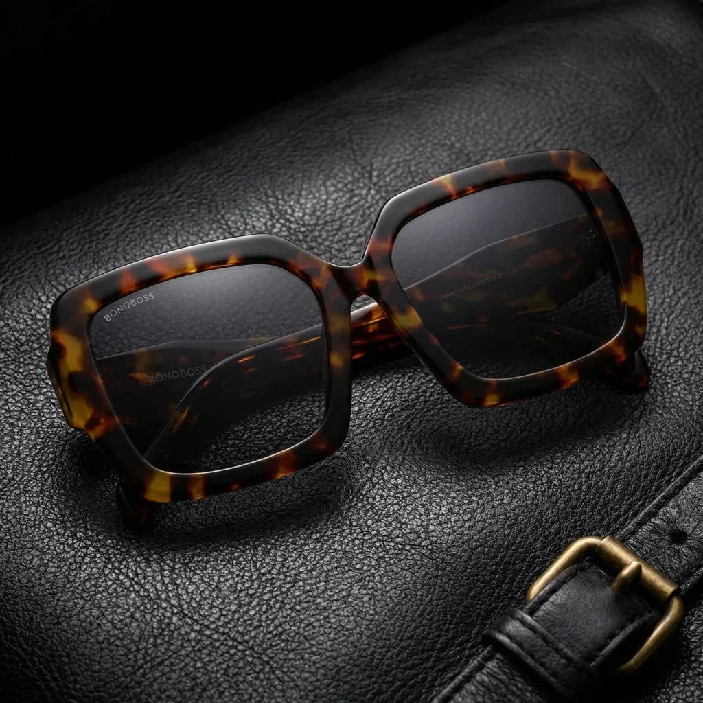 Lentes sol Alaska polarizados UV400 carey sobre cuero negro detalle brass premium Bonoboss #editorial_polarizado #color_carey