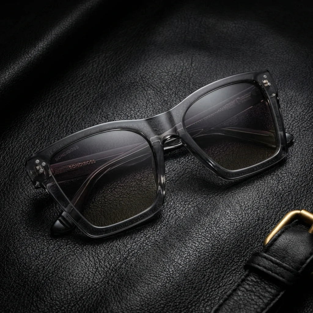 Lentes sol Bruna Retro Polarizado UV400 transparente sobre cuero negro detalle brass premium Bonoboss #editorial_polarizado #color_transparente