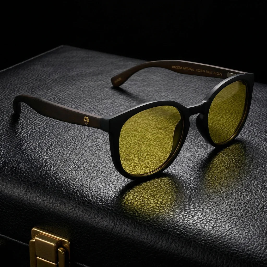Lentes sol Meli Dark polarizados UV400 bio-acetato Amarillo sobre cuero negro detalle brass premium Bonoboss #editorial_grid1 #color_amarillo