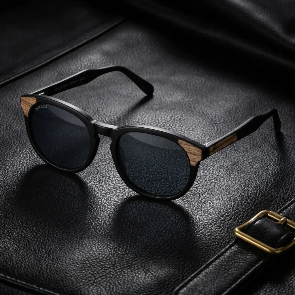 Lentes sol Chiloé 0084 polarizados UV400 sobre cuero negro detalle brass premium Bonoboss #color_negro