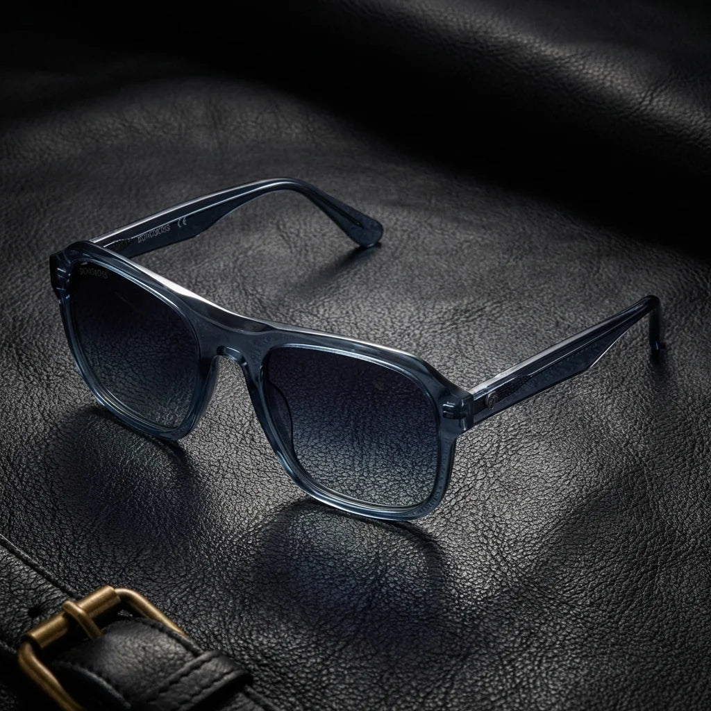 Lentes sol Tom polarizados UV400 sobre cuero negro detalle brass premium Bonoboss #color_azul