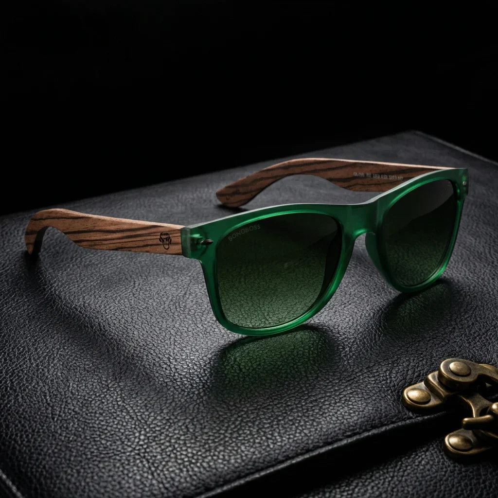 Lentes sol Acacia polarizados UV400 madera zebrano Verde Gradiente Olive sobre cuero negro detalle brass premium Bonoboss #editorial_polarizado #color_verde-gradiente-olive