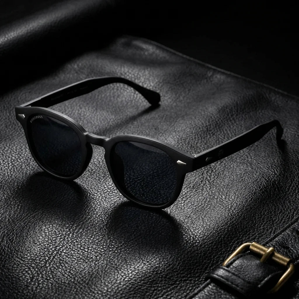 Lentes sol Waimea RPET polarizados UV400 sobre cuero negro detalle brass premium Bonoboss #color_negro
