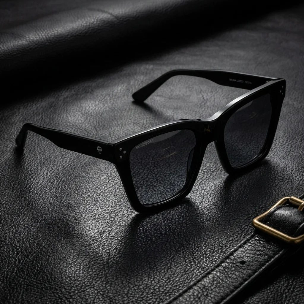 Lentes sol Bruna Retro Polarizado UV400 negro sobre cuero negro detalle brass premium Bonoboss #editorial_polarizado #color_negro