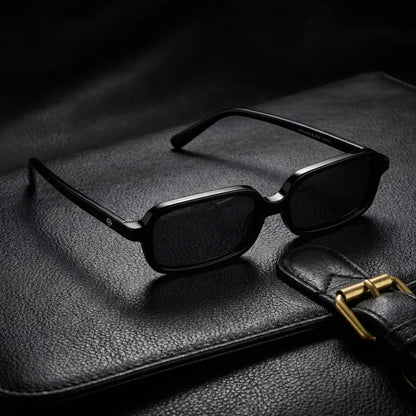 Lentes sol Navarino polarizados UV400 sobre cuero negro detalle brass premium Bonoboss #color_negro
