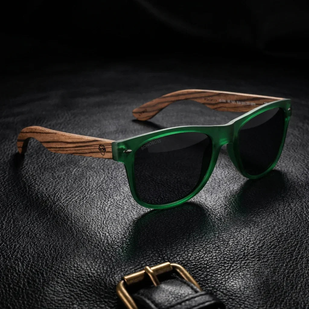 Lentes sol Acacia polarizados UV400 madera zebrano Verde Smoke sobre cuero negro detalle brass premium Bonoboss #editorial_polarizado #color_verde-smoke
