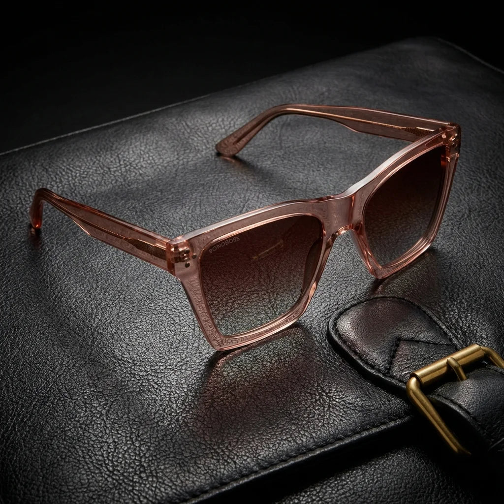 Lentes sol Bruna Retro Polarizado UV400 champagne sobre cuero negro detalle brass premium Bonoboss #editorial_polarizado #color_champagne