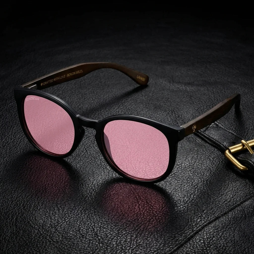 Lentes sol Meli Dark polarizados UV400 bio-acetato Rosado sobre cuero negro detalle brass premium Bonoboss #editorial_grid1 #color_rosado