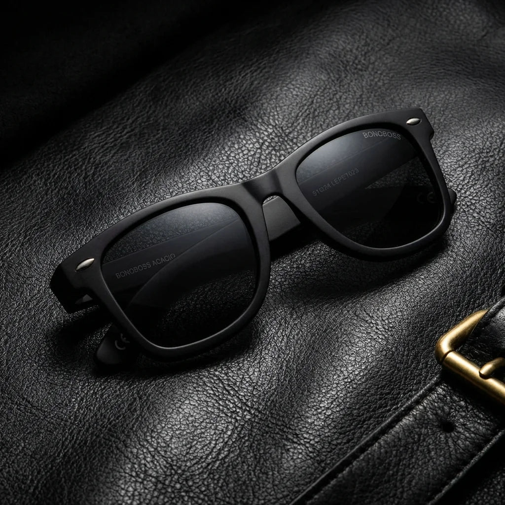 Acacio RPET en negro lentes de sol hombre de frente patas de madera #color_negro