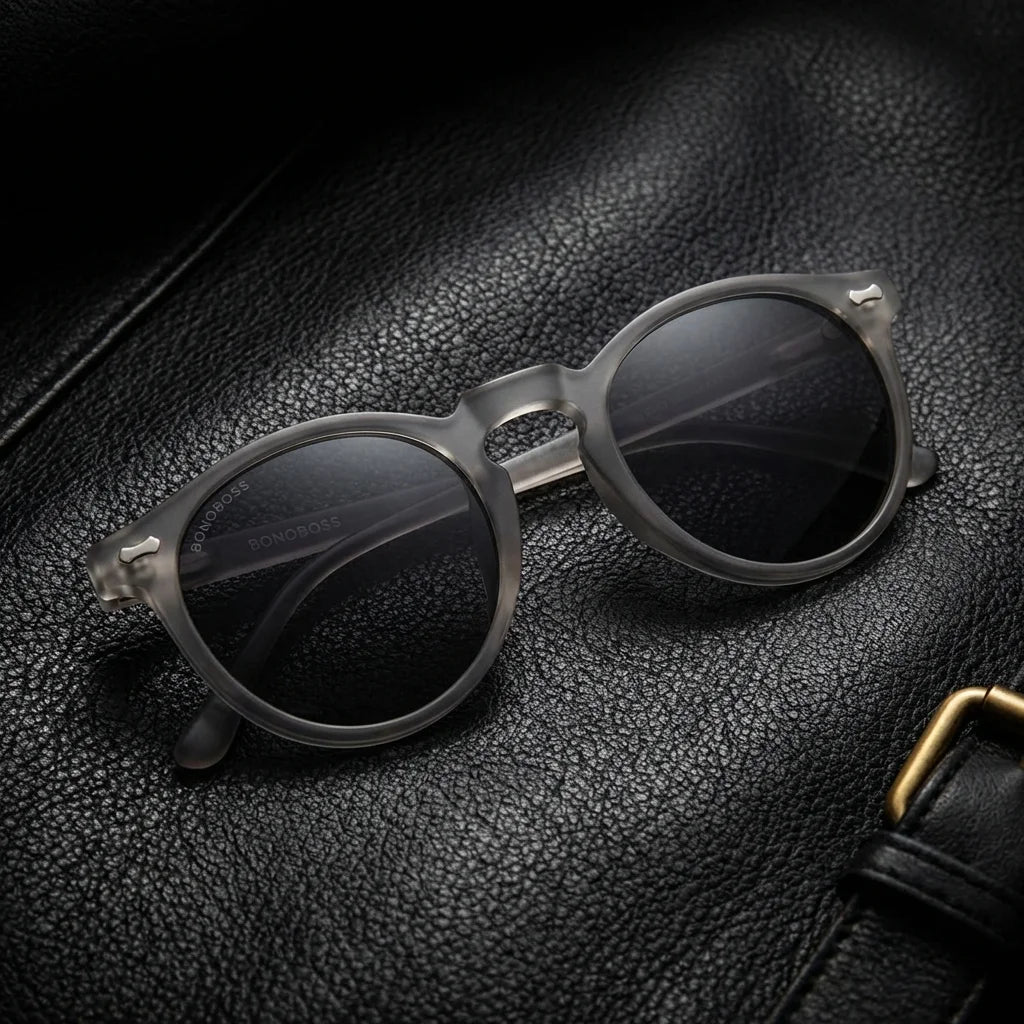 Lentes sol Temuco RPET polarizados UV400 sobre cuero negro detalle brass premium Bonoboss #color_gris