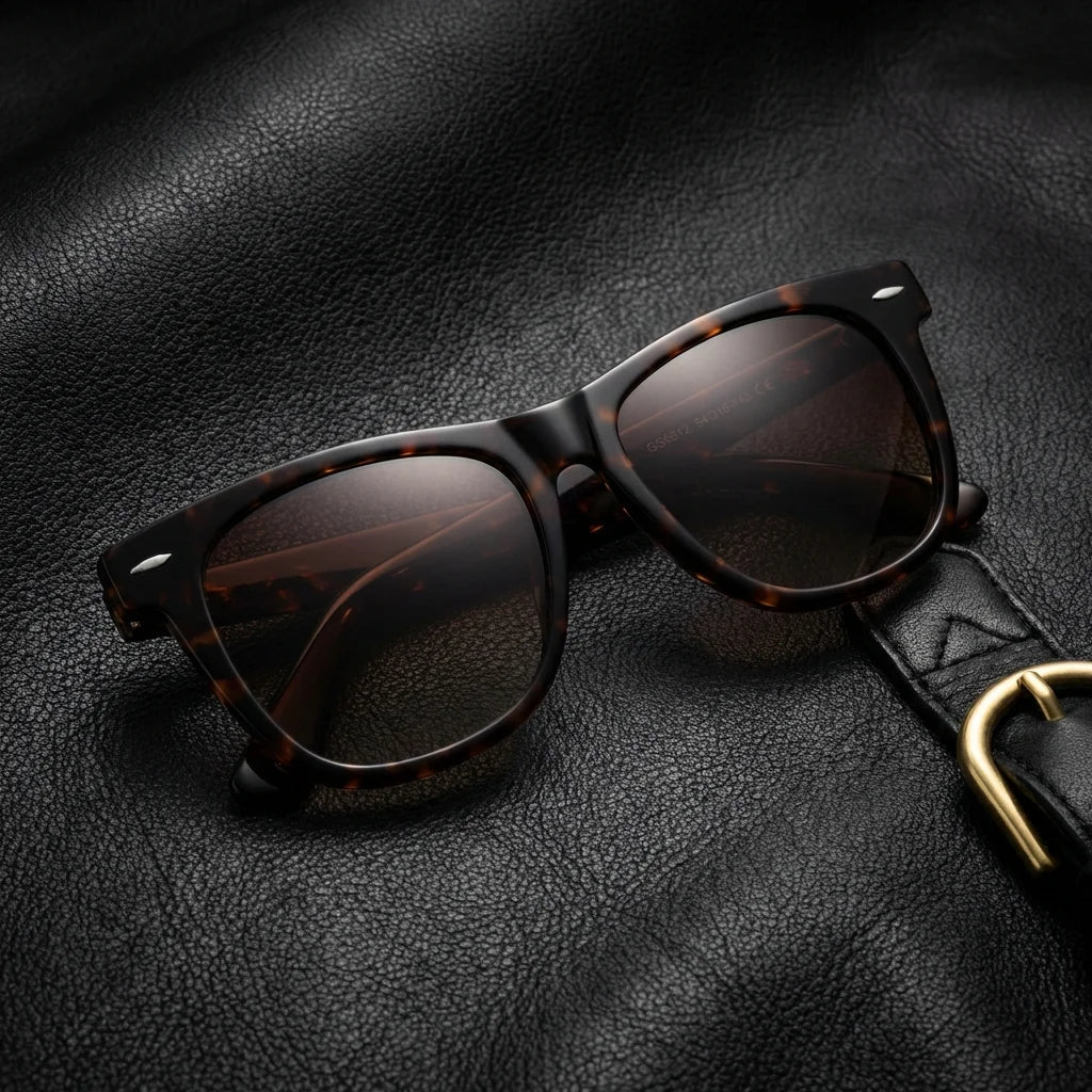 Lentes sol Valencia polarizados UV400 sobre cuero negro detalle brass premium Bonoboss #color_carey