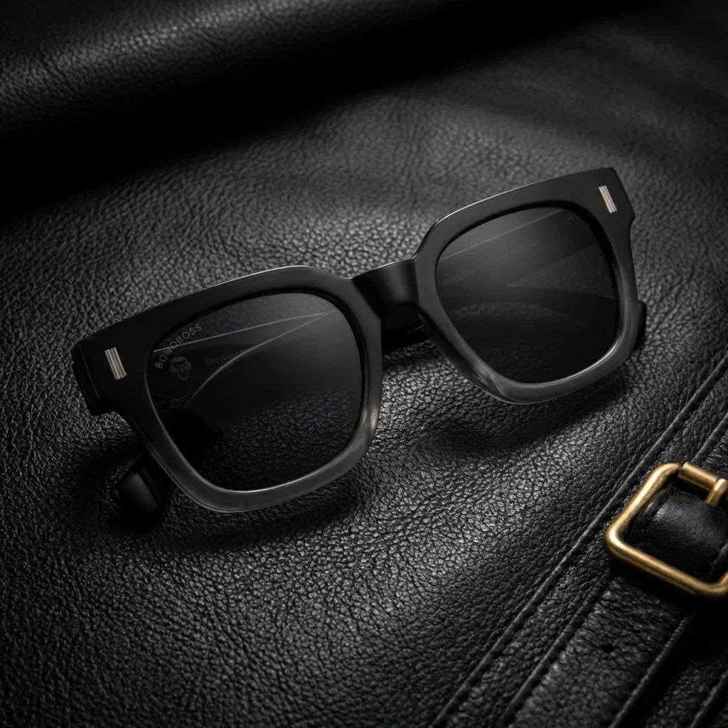 Lentes sol Osorno rPET polarizados UV400 rPET reciclado Negro sobre cuero negro detalle brass premium Bonoboss #editorial_polarizado #color_negro