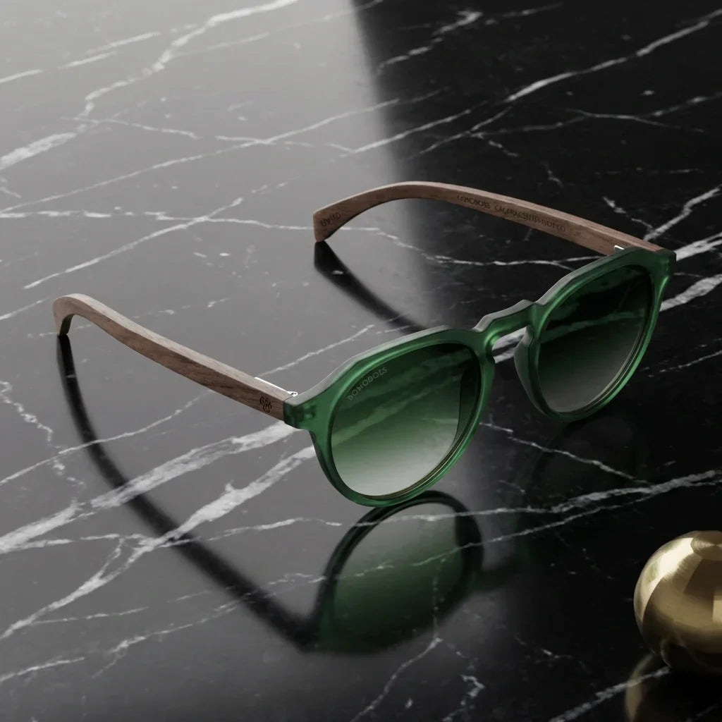 Lentes sol Galapagos polarizados UV400 acetato madera verde sobre marmol negro superficie elegante Bonoboss #editorial_polarizado #color_verde