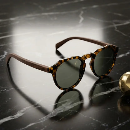 Galápagos clásico gafas polarizadas acabado carey vista frontal con patas de madera #color_carey