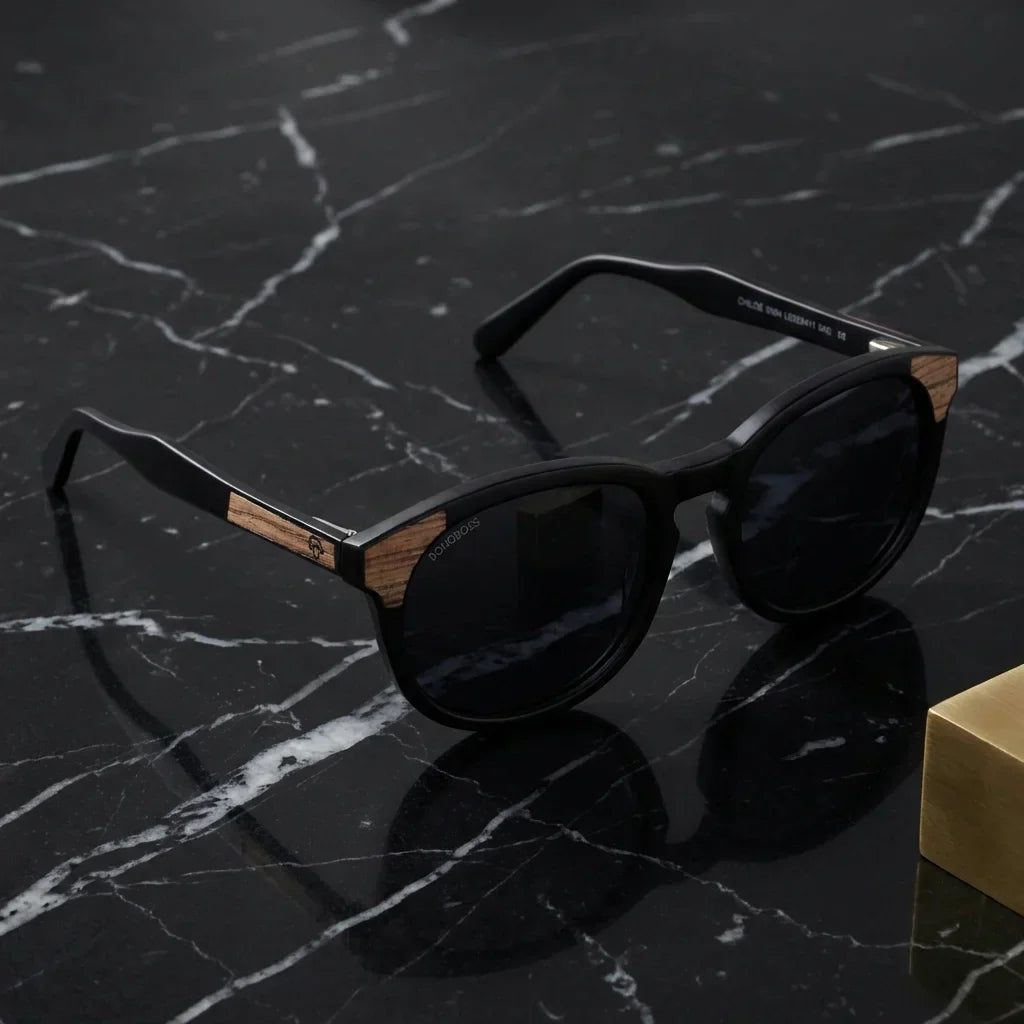 Lentes sol Chiloe 0084 polarizados UV400 bio-acetato negro sobre marmol negro superficie premium elegante Bonoboss #editorial_polarizado #color_negro
