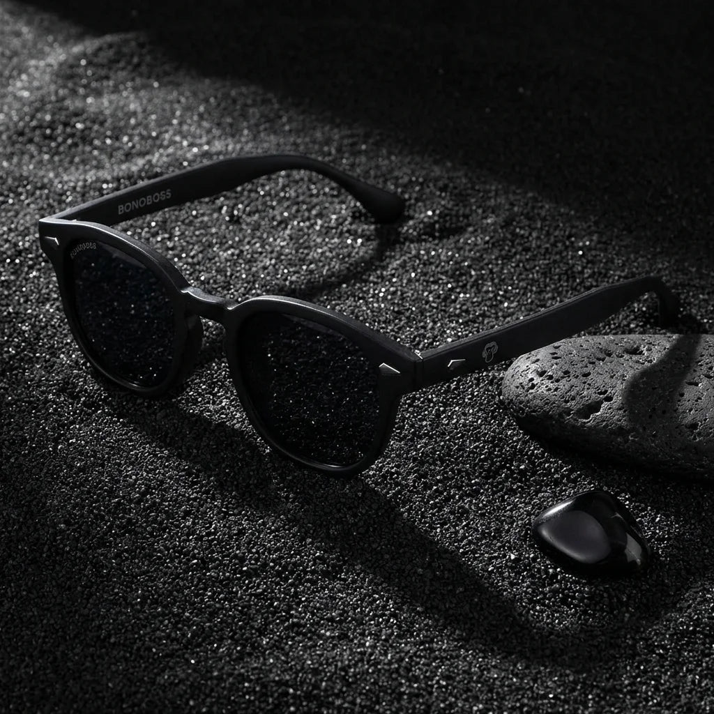 Lentes sol Waimea RPET polarizados UV400 sobre arena negra volcanica Bonoboss #color_negro