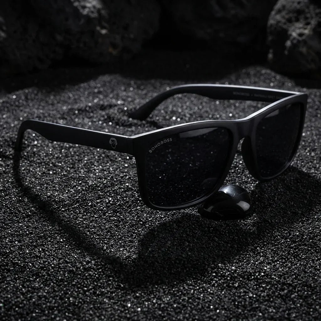 Lentes sol Rapanui RPET polarizados UV400 sobre arena negra volcanica Bonoboss #color_dark