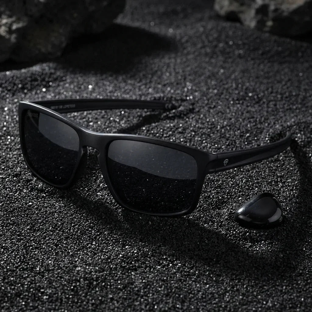 Lentes sol Lautaro RPET polarizados UV400 sobre arena negra volcanica Bonoboss #color_negro
