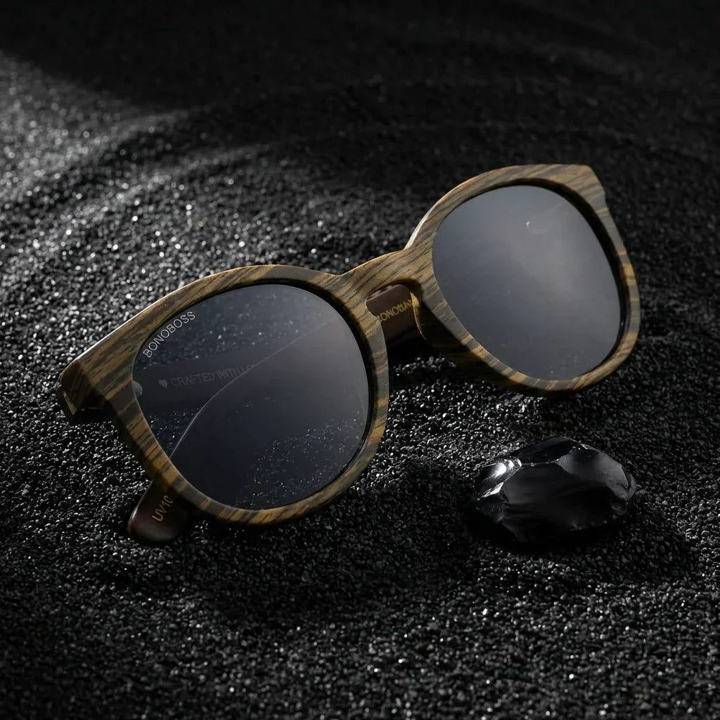 Lentes sol Meli Ebony polarizados UV400 sobre arena negra volcanica Bonoboss #color_negro