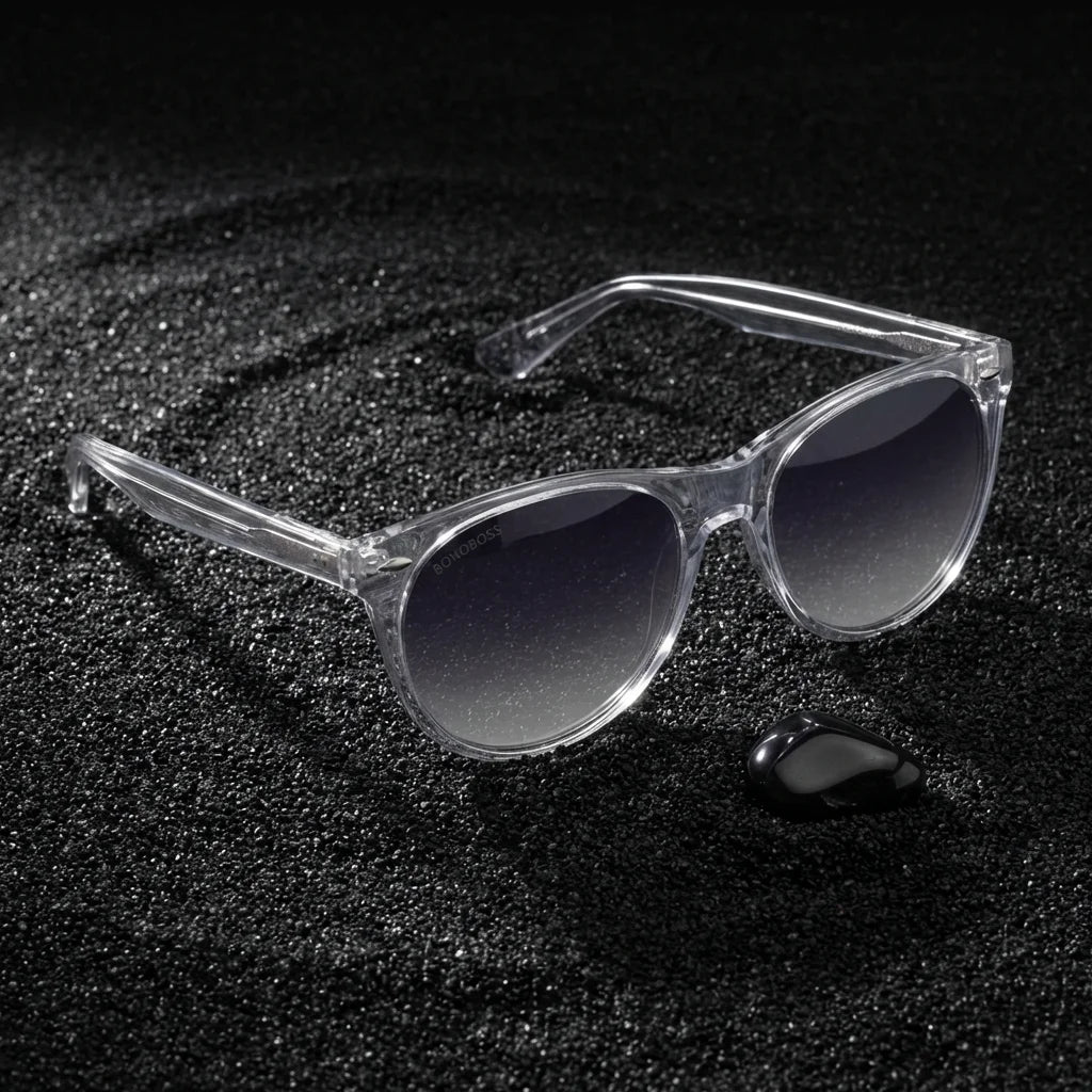 Lentes sol Hanga Roa polarizados UV400 sobre arena negra volcanica Bonoboss #color_transparente