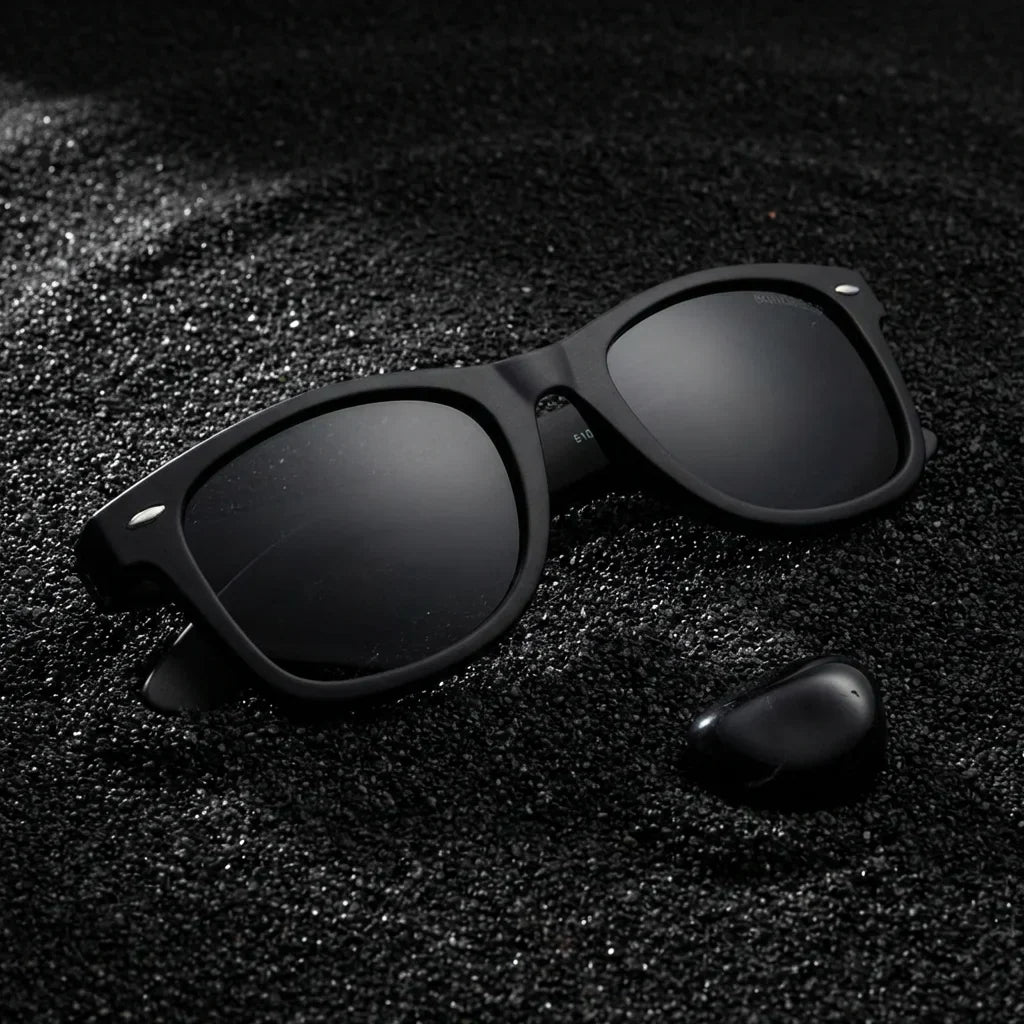 Lentes sol Acacio RPET polarizados UV400 sobre arena negra volcanica Bonoboss #color_negro