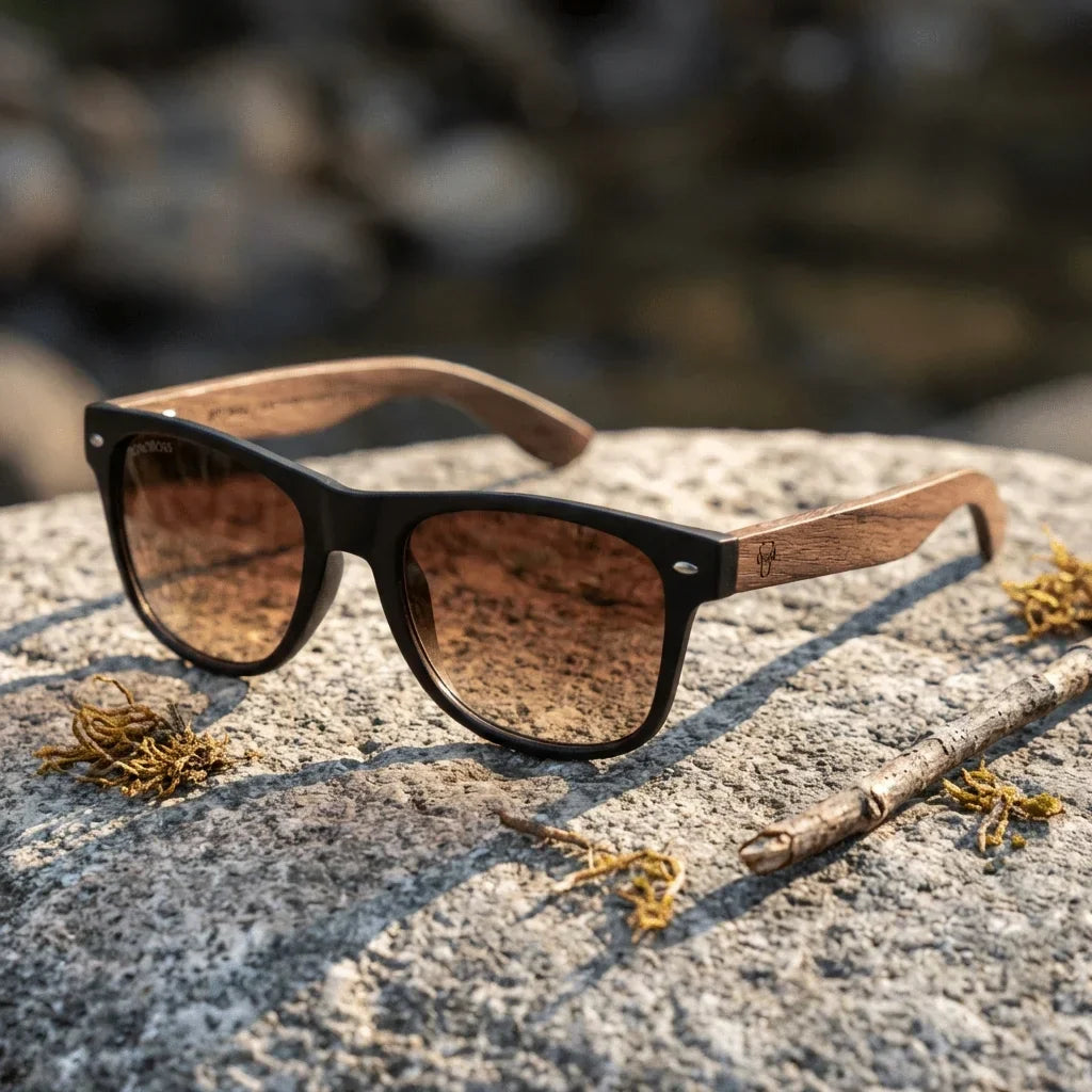 Lentes sol Acacia Nogal polarizados UV400 paisaje patagonico naturaleza sustentable Bonoboss #color_gradiente-cafe