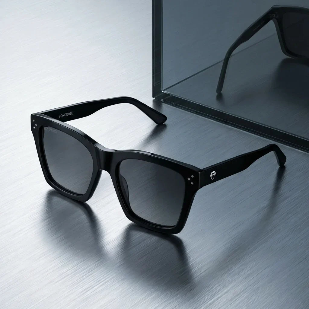 Lentes sol Bruna Retro Polarizado UV400 negro sobre superficie metal brushed industrial Bonoboss #editorial_grid1 #color_negro