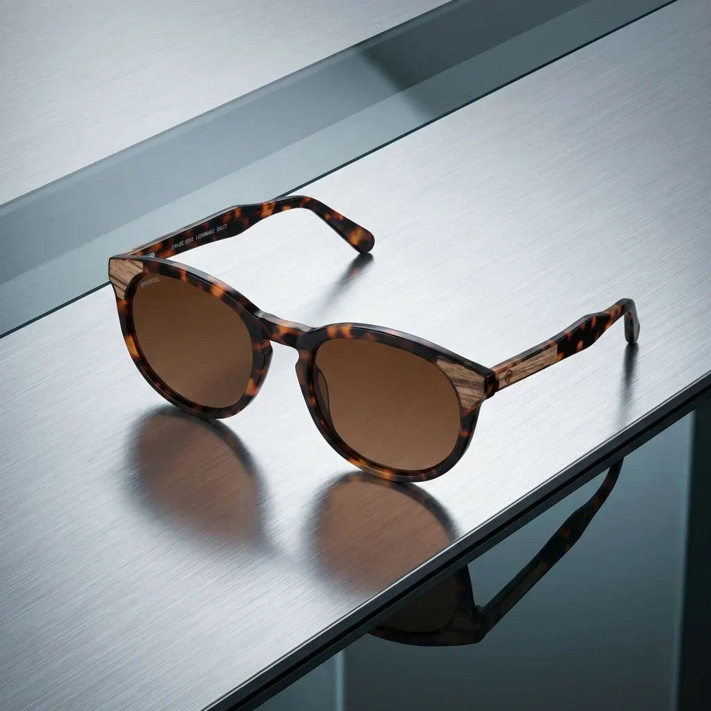 Lentes sol Chiloe 0084 polarizados UV400 bio-acetato carey sobre metal cepillado superficie industrial premium Bonoboss #editorial_polarizado #color_carey