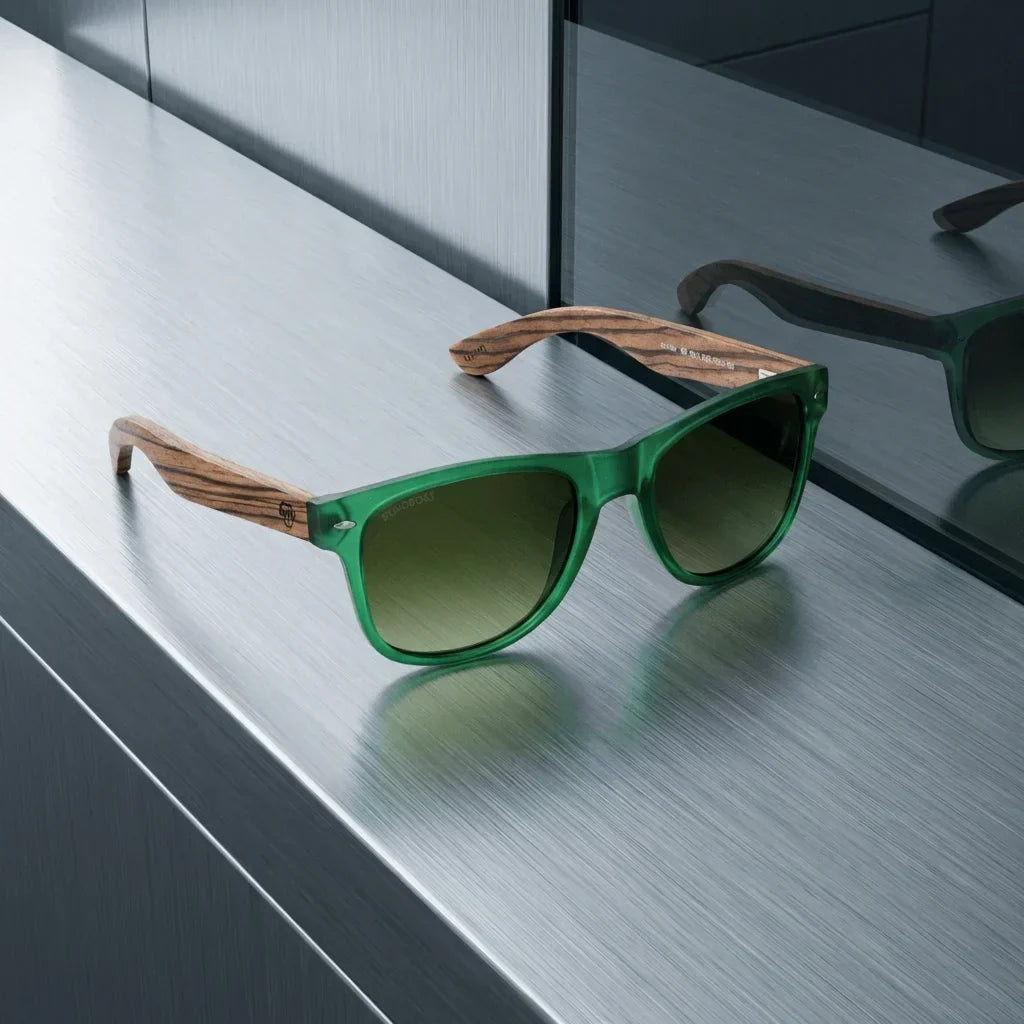 Lentes sol Acacia polarizados UV400 madera zebrano Verde Gradiente Olive sobre metal cepillado superficie industrial Bonoboss #editorial_grid1 #color_verde-gradiente-olive