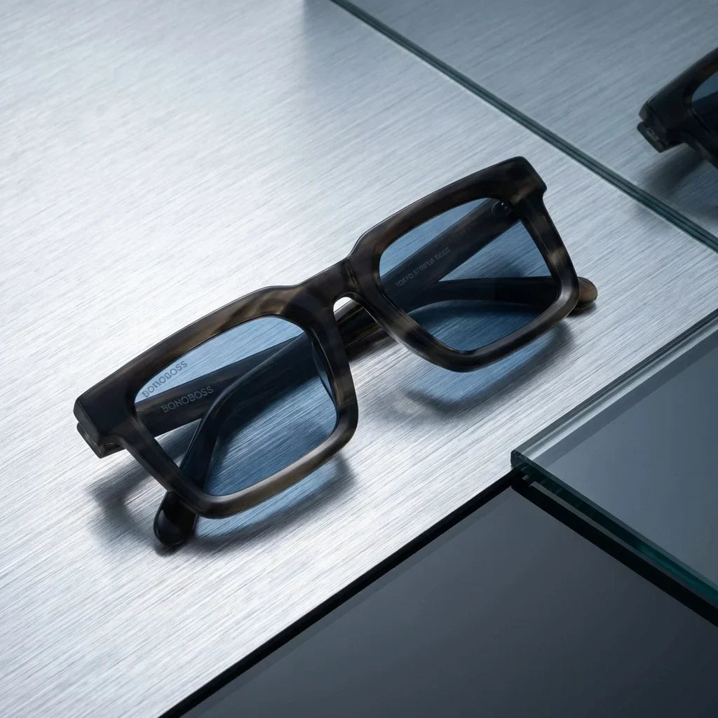 Lentes sol Tokyo polarizados UV400 bio-acetato Stained sobre metal cepillado superficie industrial Bonoboss #editorial_grid1 #color_marble
