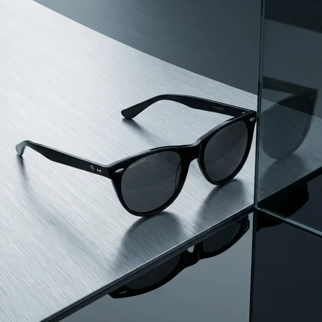 Lentes sol Hanga Roa polarizados UV400 sobre metal cepillado superficie industrial Bonoboss #editorial_grid1 #color_negro