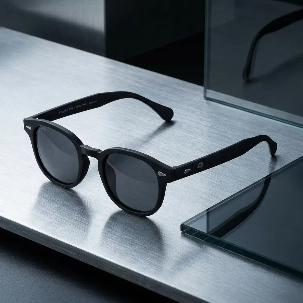 Lentes sol Waimea RPET polarizados UV400 sobre metal cepillado superficie industrial Bonoboss #color_negro