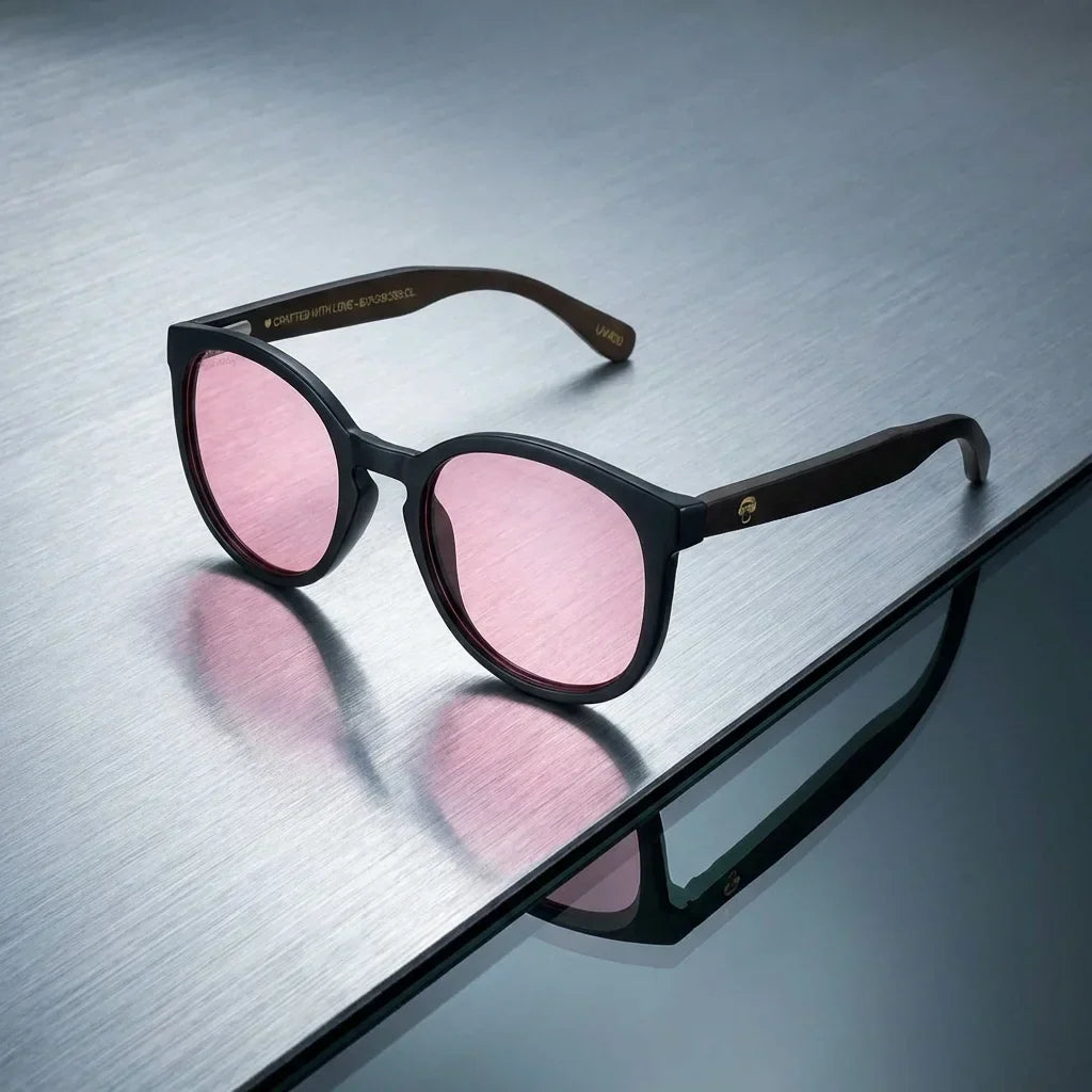 Lentes sol Meli Dark polarizados UV400 bio-acetato Rosado sobre superficie metal brushed Bonoboss #editorial_polarizado #color_rosado