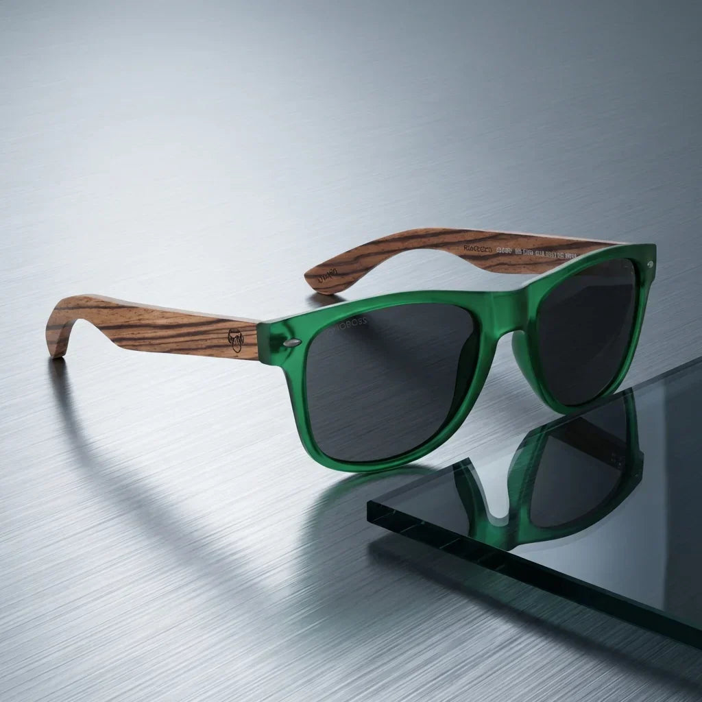 Lentes sol Acacia polarizados UV400 madera zebrano Verde Smoke sobre metal cepillado superficie industrial Bonoboss #editorial_grid1 #color_verde-smoke