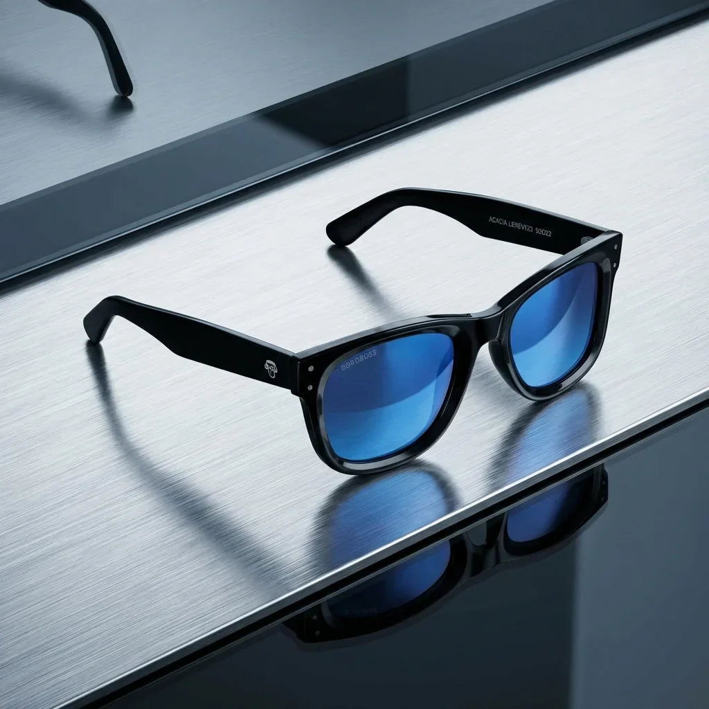 Acacia Reverse clásico gafas polarizadas espejado azul vista frontal con patas de madera #color_espejado-azul