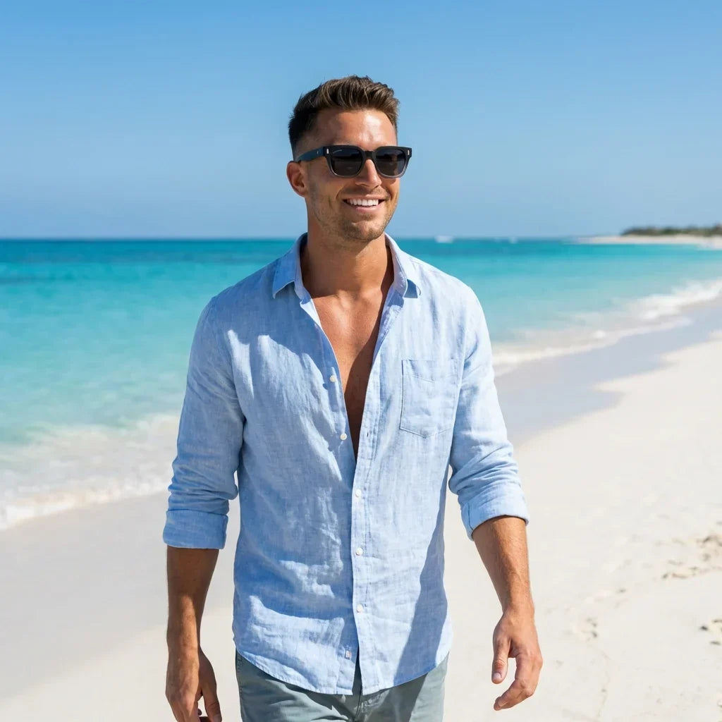 Hombre usando lentes sol Osorno rPET rPET reciclado polarizados Negro hombre en playa proteccion solar UV400 Bonoboss #editorial_detail1 #color_negro